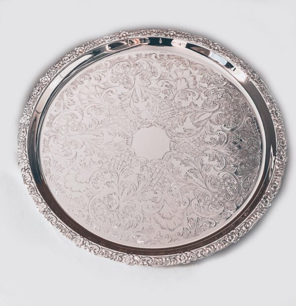 Silver Plated Round Tray Engraved Center | 14.2″ Dia| Saah Gifts