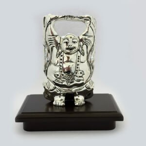 Silver Standing Laughing Buddha Wood Base  | 6 Inch| Saah Gifts