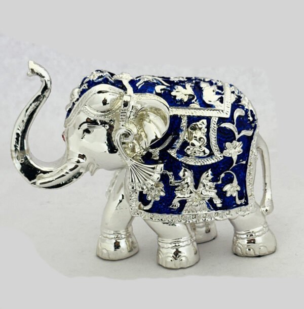 a. Silver Elephant with trunk up in Blue Enamel finish | 5.2″ Resin SIlver| Saah Gifts