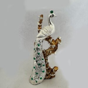 Artistic Silver Peacock sitting on a tree trunk | 10″ height| Saah Gifts