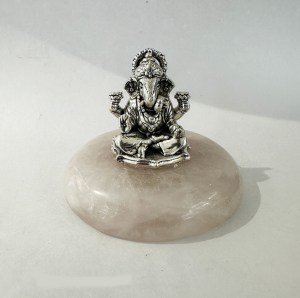 Artistic Pure Silver Ganesh on Rose Quartz base | 2″ Ht.| Saah Gifts