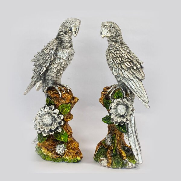 a Artistic Silver Parrots Pair sitting on a tree Trunk. 11.5″ | Resin Silver| Saah Gifts