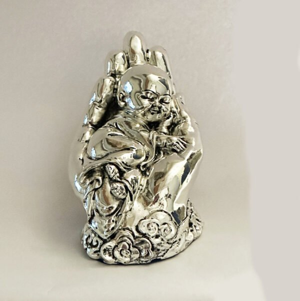 Silver Baby Laughing Buddha in Hand | 6.2 Inch| Saah Gifts