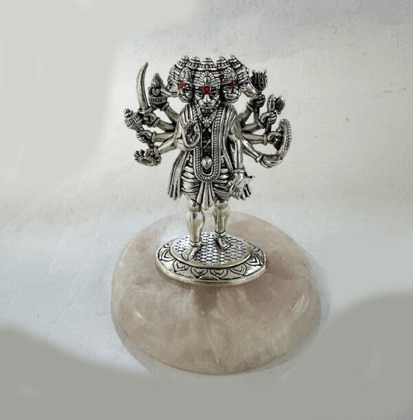 Pure 999 Silver Punchmukhi Hanuman on Rose Quartz | 4.5″ Ht| Saah Gifts