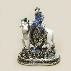 Beautiful Silver Krishna with Cow idol Blue and White – 5.5″ – Resin Silver| Saah Gifts