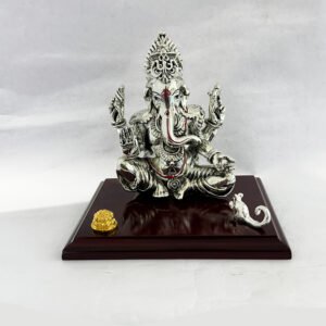 Artistic Mukut Ganesha set on a wooden chowki | 7 Inch Height| Saah Gifts