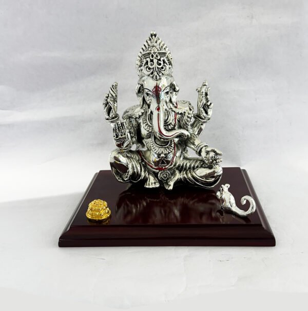 Artistic Mukut Ganesha set on a wooden chowki | 7 Inch Height| Saah Gifts