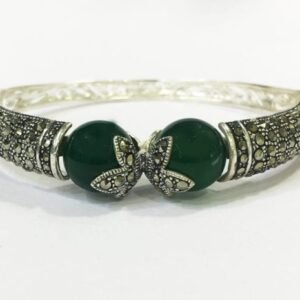 Gorgeous 15 mm wide marcasite green onyx bracelet adjustable – 925 sterling silver
