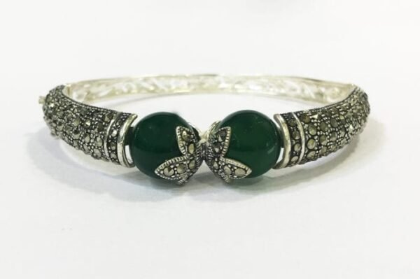 Gorgeous 15 mm wide marcasite green onyx bracelet adjustable – 925 sterling silver