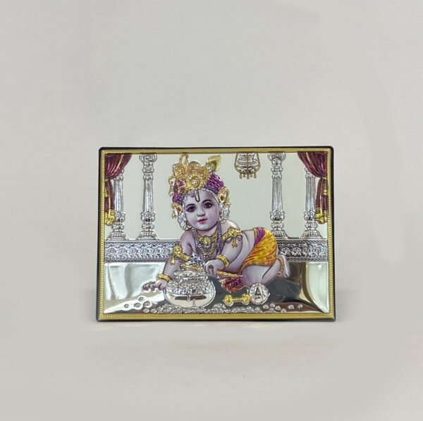 Silver Plaque Baby Krishna in Color | 3.7 Inch