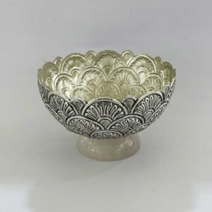 Fine Carved Bowl with Rose Quartz Base in Silver Plated | 6 Inch