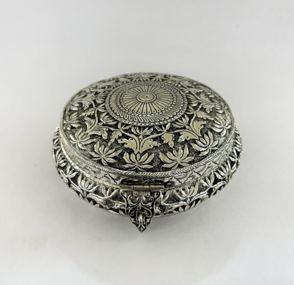 Carved Silver Plated Round Box | 7.5 inch