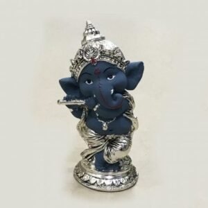 Silver Ganesh playing Bansuri Grey 5.7″ – Resin Silver