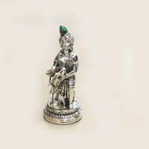 Silver Krishna with Cow Sculpture – 6.7″ – Resin Silver