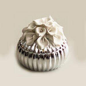 Silver Layered Ceramic Box with White Flower | 4 Inch