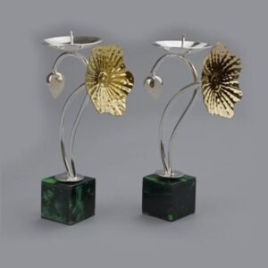 Silver Plated Candle Holder Lotus Aveturine Base  – 7.5″ Ht