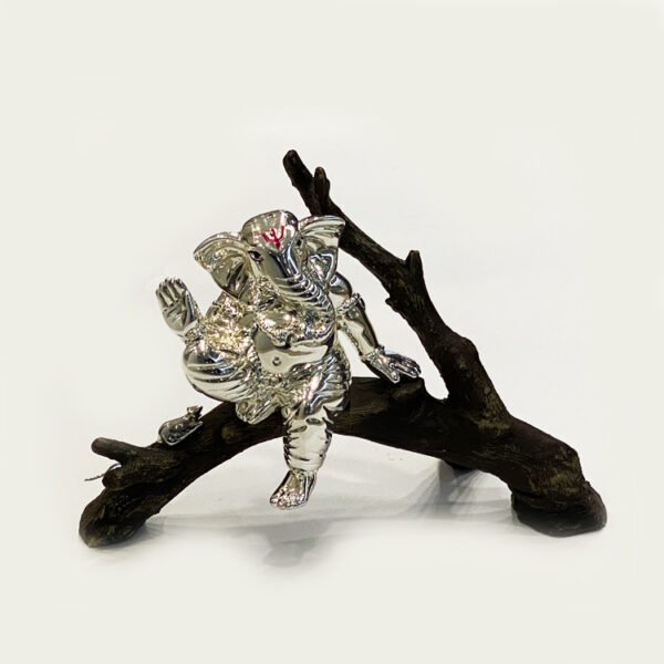 Ganesha on Tree Branch in Silver | 5.5″ Ht.