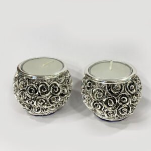 Silver Drum Shape Tealight Pair | 2 Inch Ht.