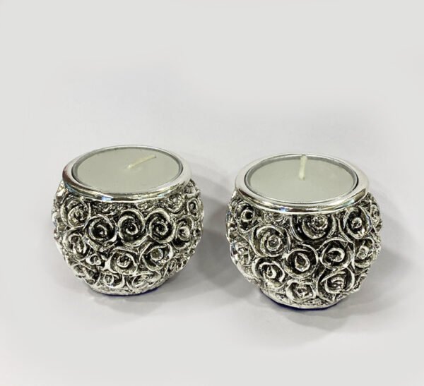 Silver Drum Shape Tealight Pair | 2 Inch Ht.