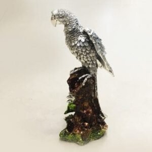 Mystic Silver Parrot Single sitting on a tree Trunk. 11.5″ – Resin Silver