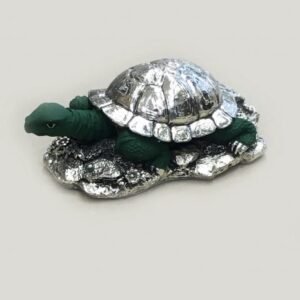 Super Silver Turtle Gift in Green Finish (Kachua)- 7.5 Inch Long – Resin Silver