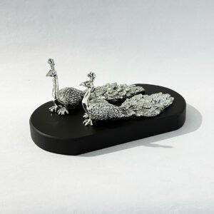Fine Silver Peacock Pair set on Wood base | 6.5 ” length