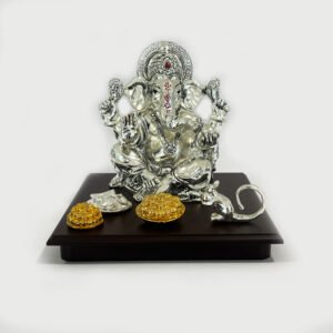 Silver Ganesh with Ladoo and Mouse | 8 Inch