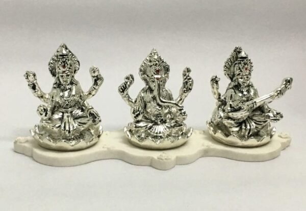 Silver Laxmi Ganesh Saraswati Statue | 9 Inch Long