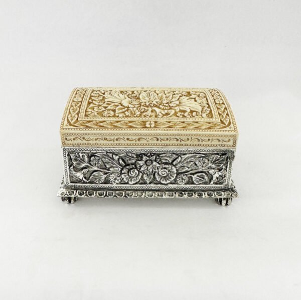 Unique Silver Box with Carved Flowers Motif | 8 Inch