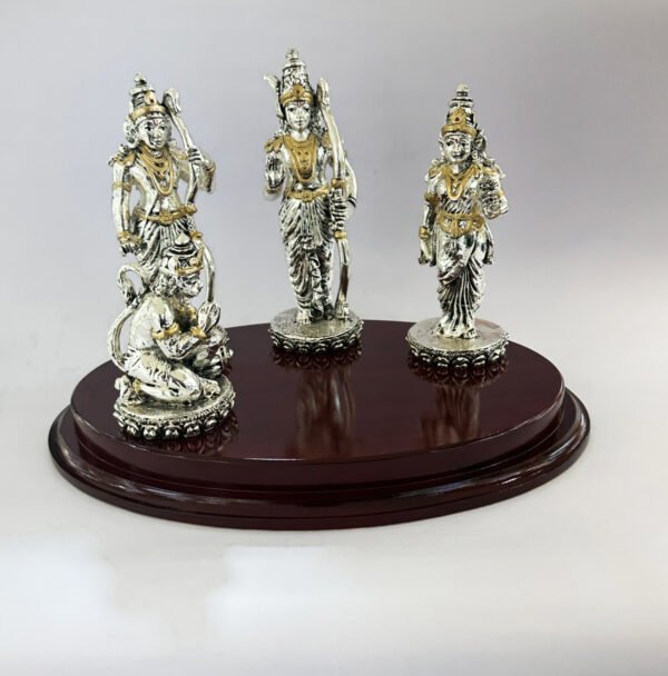 Silver Ram Darbar on Oval Wood Base | 12.5 Inch long