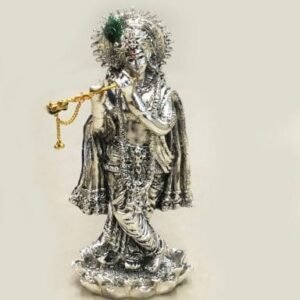 Fine Silver Krishna Sculpture Playing Bansuri 8 inch – Resin Silver