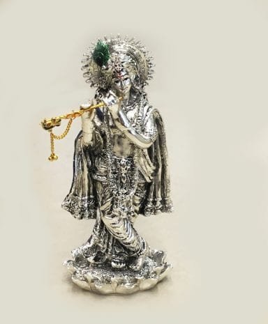 Fine Silver Krishna Sculpture Playing Bansuri 8 inch – Resin Silver