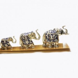 Silver Elephant Figurine set of three in Blue Color, 23.5″ Long – Resin Silver
