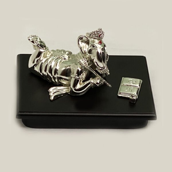 Reclining Silver Ganesh Doing Accounts | 6.0 Inch Long
